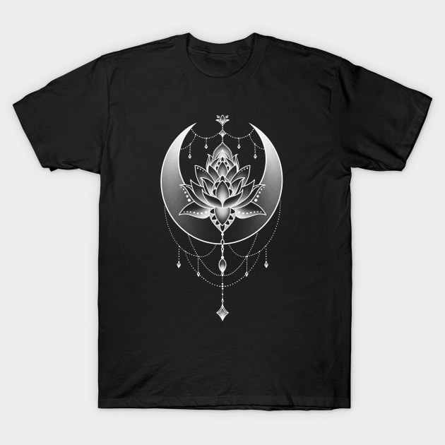 Celestial Crescent Moon and Lotus Flower Design T-Shirt by Helena Morpho 